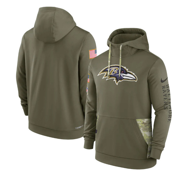 Men's Baltimore Ravens 2022 Olive Salute to Service Therma Performance Pullover Hoodie